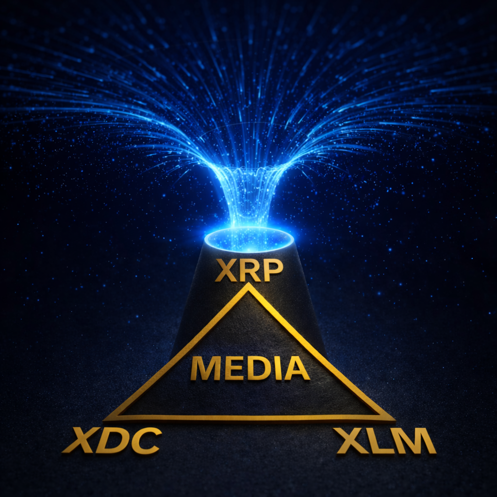 Blue black hole portal leading into a golden triangle representing the XRP, XLM, and XDC media networks, symbolizing access to the token economy.